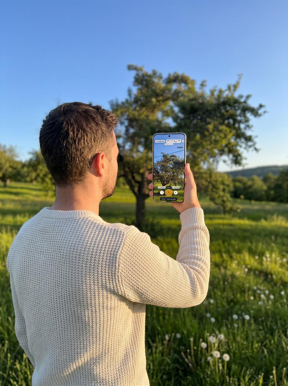A person holds up a phone in a golden-hour orchard, the SunMeasure AR sun scan running on the screen over the real treeline.